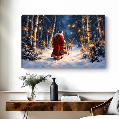 Santa Forest Encounter Canvas Wall Art unframed above a figured wooden console with a black vase.