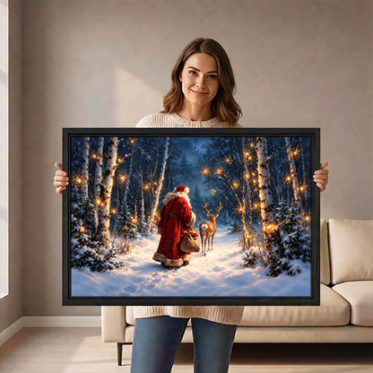 Santa Forest Encounter Canvas Wall Art held by a woman in a bright neutral room.