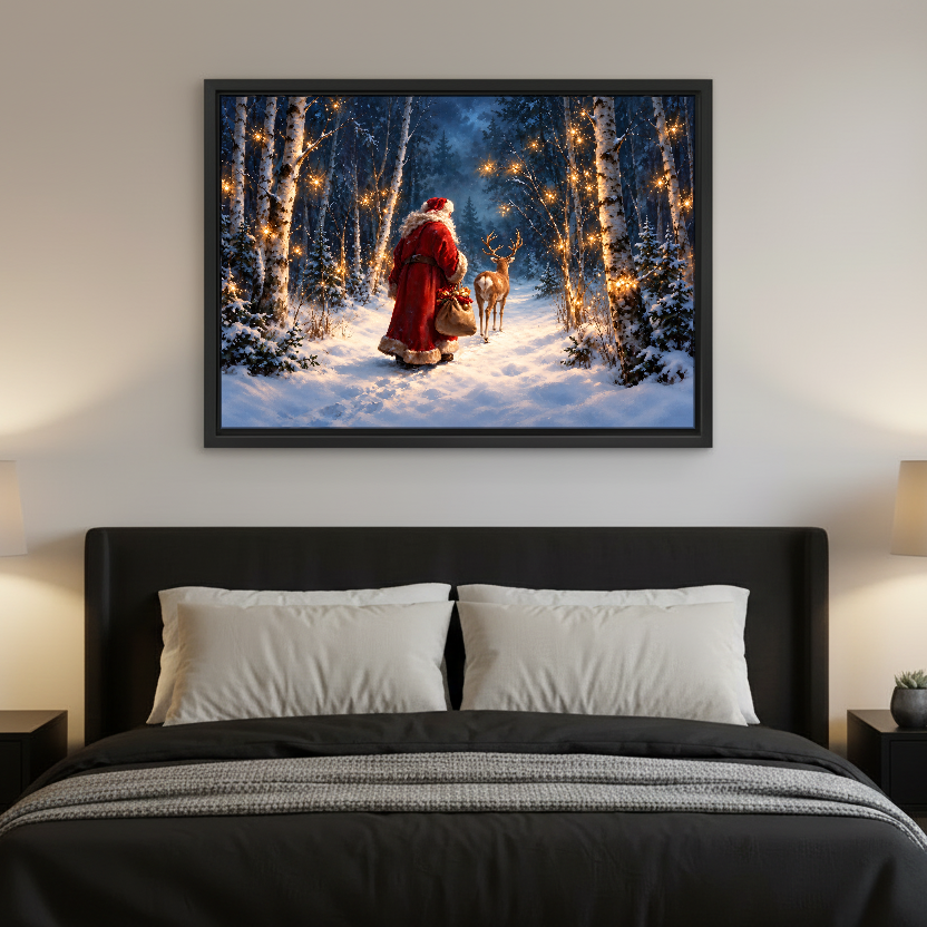 Santa Forest Encounter Canvas Wall Art framed above charcoal bedding in a modern bedroom.