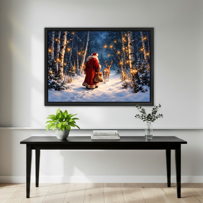 Santa Forest Encounter Canvas Wall Art framed above a black console surrounded by green plants.