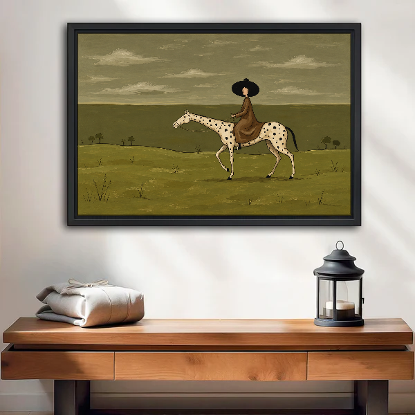 Quiet Country Horsewoman Canvas Wall Art framed above a wood console with lantern and folded linen.