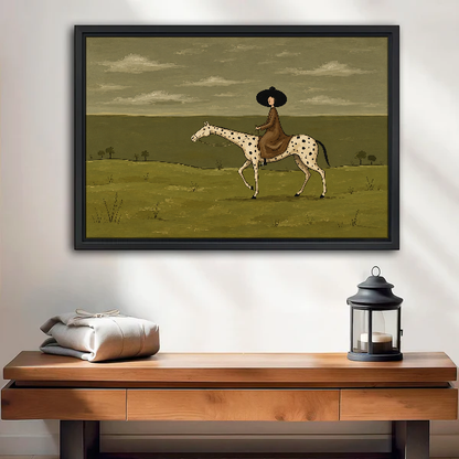 Quiet Country Horsewoman Canvas Wall Art framed above a wood console with lantern and folded linen.