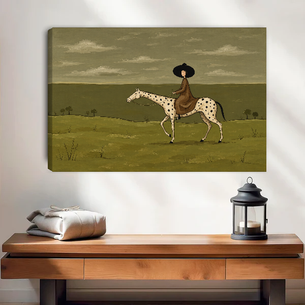 Quiet Country Horsewoman Canvas Wall Art unframed above a wood console with lantern and folded linen.