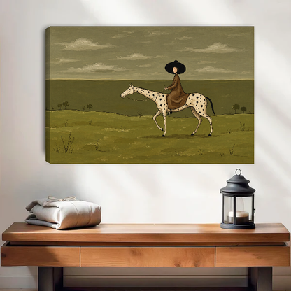 Quiet Country Horsewoman Canvas Wall Art unframed above a wood console with lantern and folded linen.