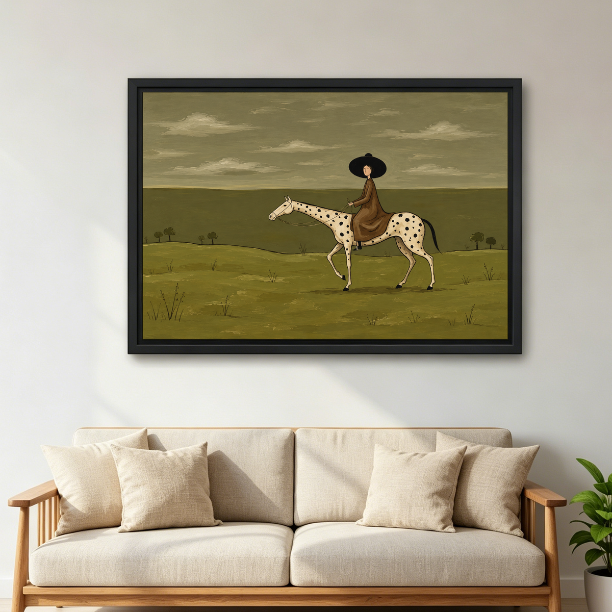 Quiet Country Horsewoman Canvas Wall Art framed above a cream sofa with wooden arms.