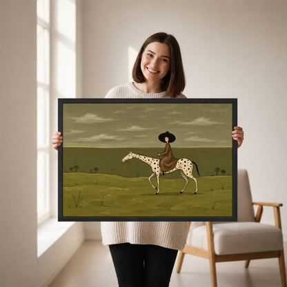 Quiet Country Horsewoman Canvas Wall Art held by a woman in a bright neutral room.