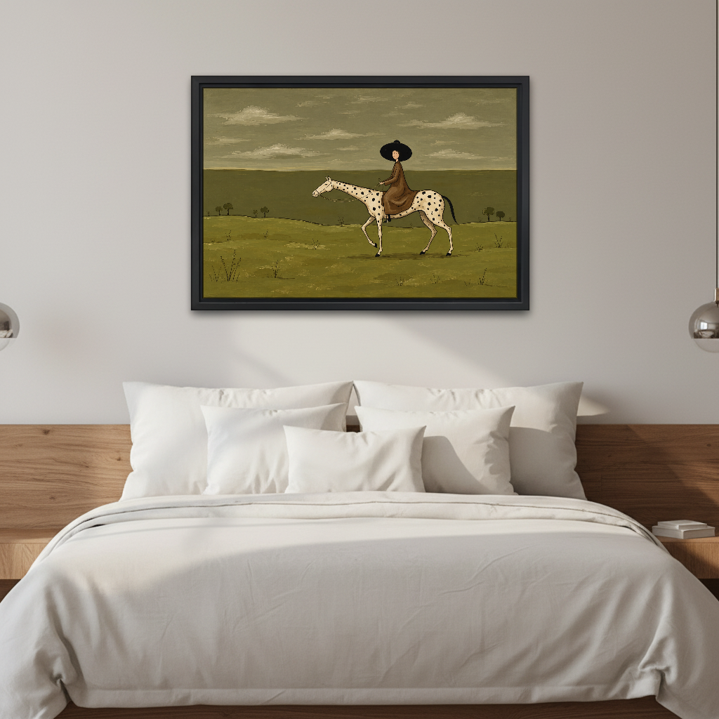 Quiet Country Horsewoman Canvas Wall Art framed above white bedding and wooden bedside tables.