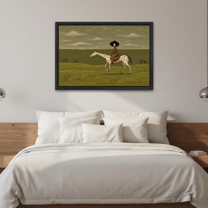 Quiet Country Horsewoman Canvas Wall Art framed above white bedding and wooden bedside tables.