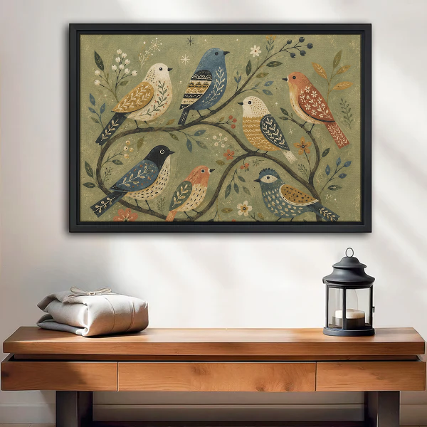 Woodland Folk Birds Canvas Wall Art framed above a wood console with lantern and folded linen.