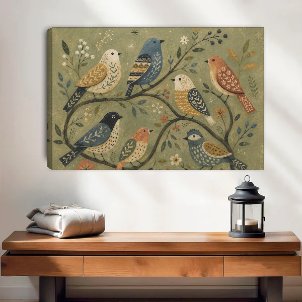Woodland Folk Birds Canvas Wall Art unframed above a wood console with lantern and folded linen.