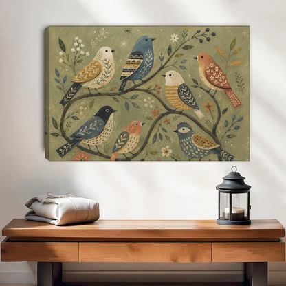 Woodland Folk Birds Canvas Wall Art unframed above a wood console with lantern and folded linen.