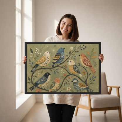 Woodland Folk Birds Canvas Wall Art held by a woman in a bright neutral room.