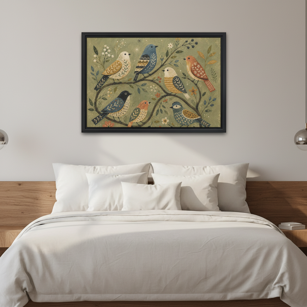 Woodland Folk Birds Canvas Wall Art framed above white bedding and wooden bedside tables.