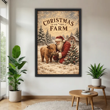 Christmas Farm Calf Canvas Wall Art framed above a pale wood table beside green plants.