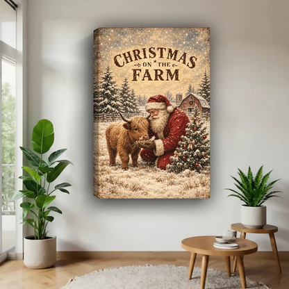 Christmas Farm Calf Canvas Wall Art unframed above a pale wood table beside green plants.