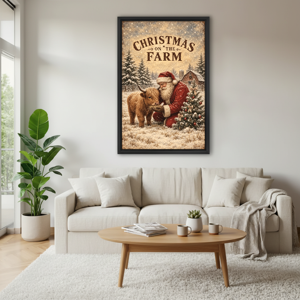 Christmas Farm Calf Canvas Wall Art framed above a cream sofa and round wood table.