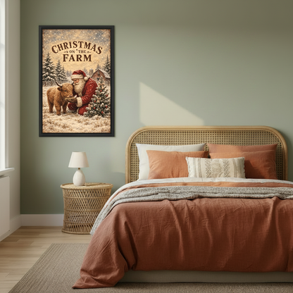 Christmas Farm Calf Canvas Wall Art framed above rust bedding against a muted olive wall.
