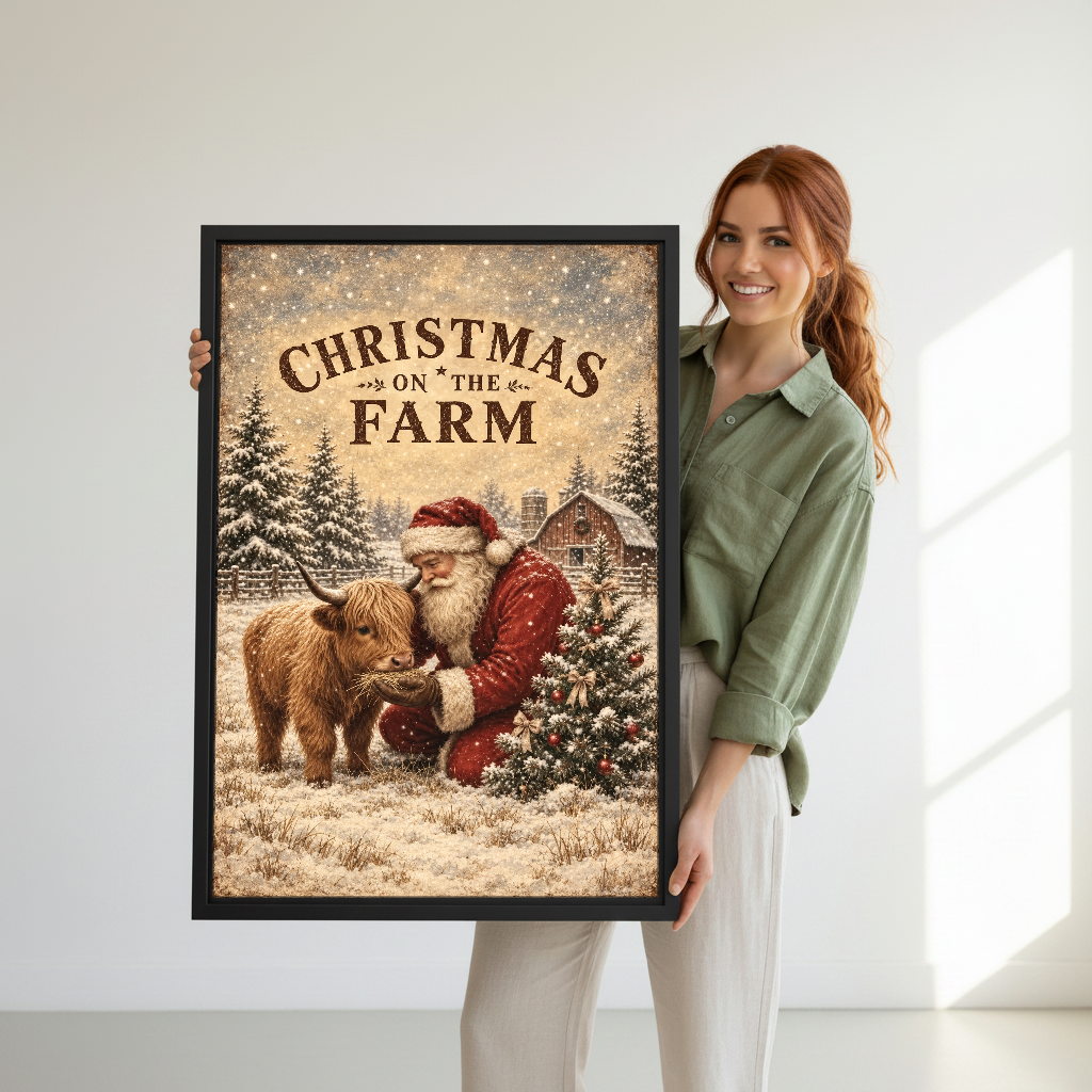 Christmas Farm Calf Canvas Wall Art held in a black frame by a woman in green.