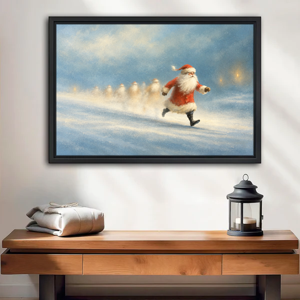 Santa Snowy Sprint Canvas Wall Art framed above a wood console with lantern and folded linen.