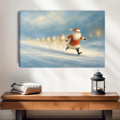Santa Snowy Sprint Canvas Wall Art unframed above a wood console with lantern and folded linen.