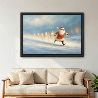 Santa Snowy Sprint Canvas Wall Art framed above a cream sofa with wooden arms.