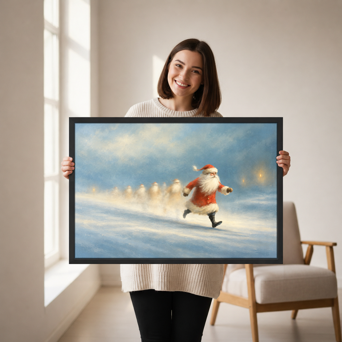 Santa Snowy Sprint Canvas Wall Art held by a woman in a bright neutral room.
