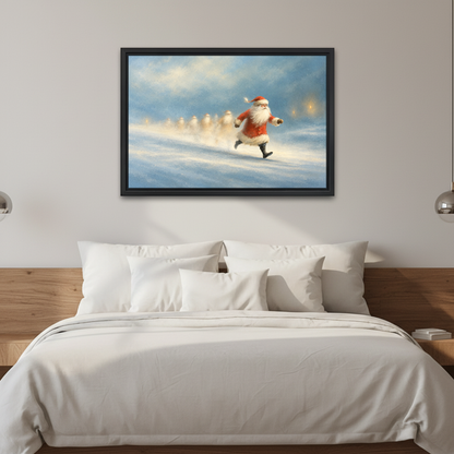 Santa Snowy Sprint Canvas Wall Art framed above white bedding and wooden bedside tables.