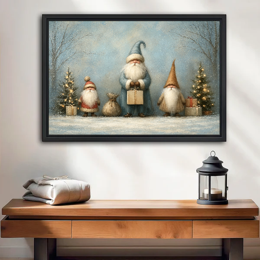 Three Winter Gift Gnomes Canvas Wall Art framed above a wood console with lantern and folded linen.