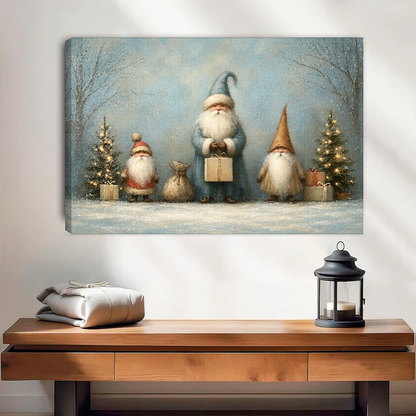 Three Winter Gift Gnomes Canvas Wall Art unframed above a wood console with lantern and folded linen.