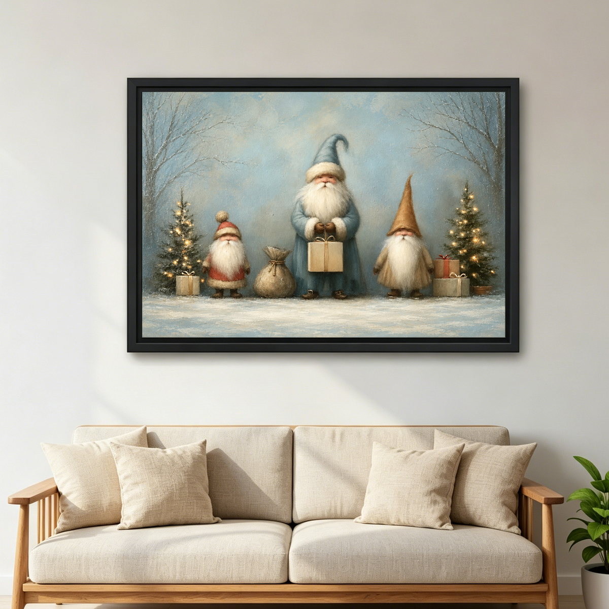 Three Winter Gift Gnomes Canvas Wall Art framed above a cream sofa with wooden arms.