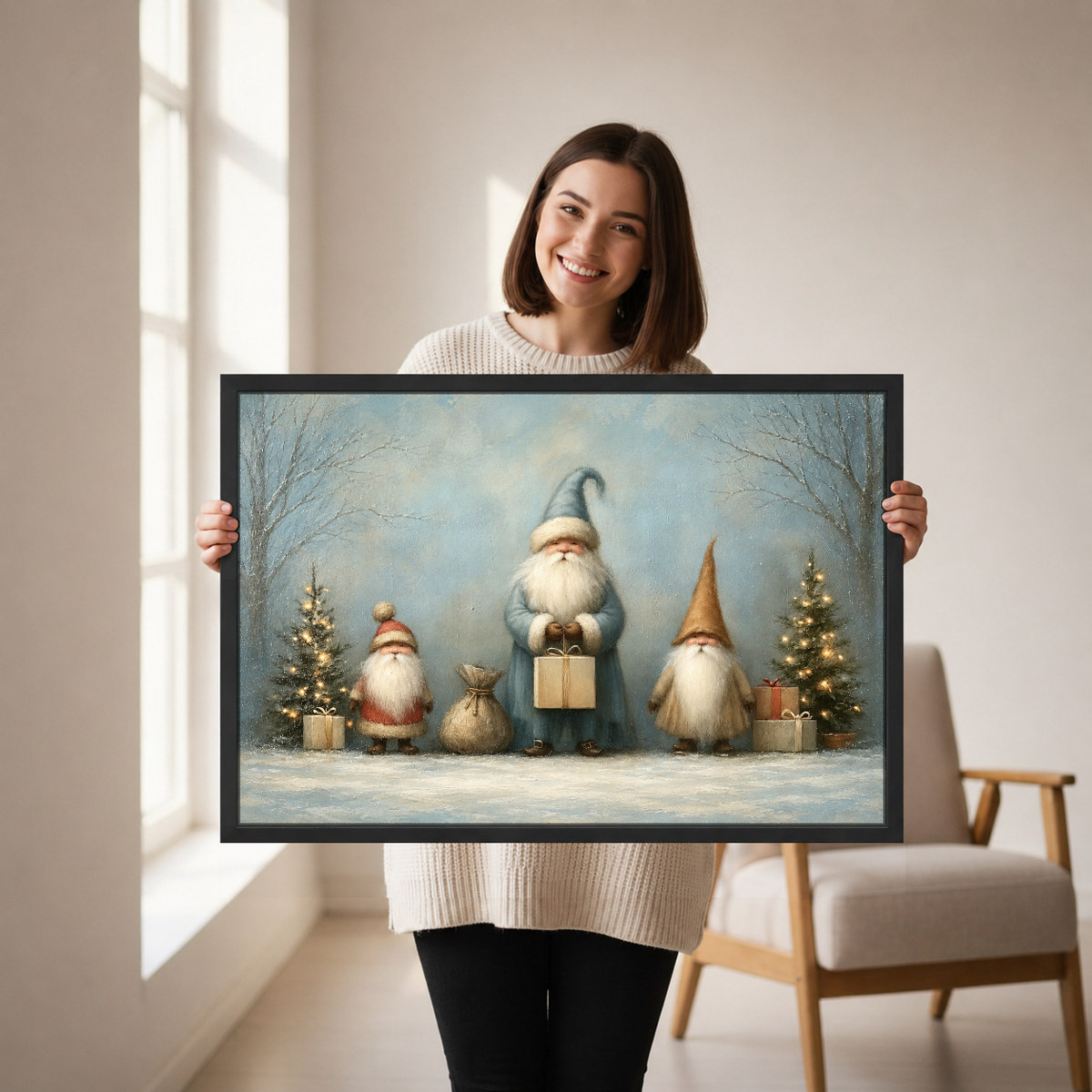 Three Winter Gift Gnomes Canvas Wall Art held by a woman in a bright neutral room.