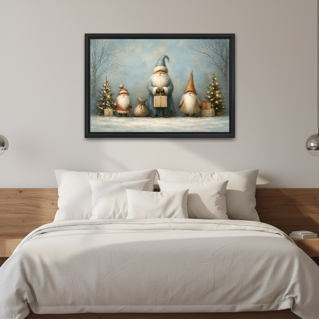 Three Winter Gift Gnomes Canvas Wall Art framed above white bedding and wooden bedside tables.
