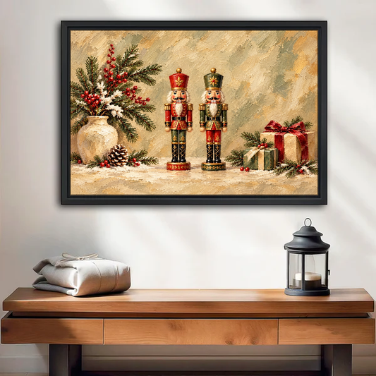 Nutcracker Holiday Pair Canvas Wall Art framed above a wood console with lantern and folded linen.