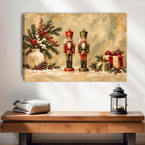 Nutcracker Holiday Pair Canvas Wall Art unframed above a wood console with lantern and folded linen.