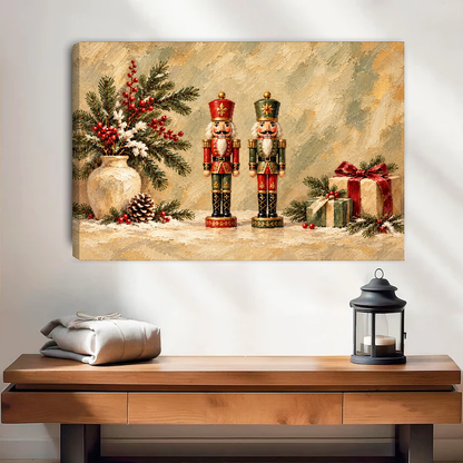 Nutcracker Holiday Pair Canvas Wall Art unframed above a wood console with lantern and folded linen.