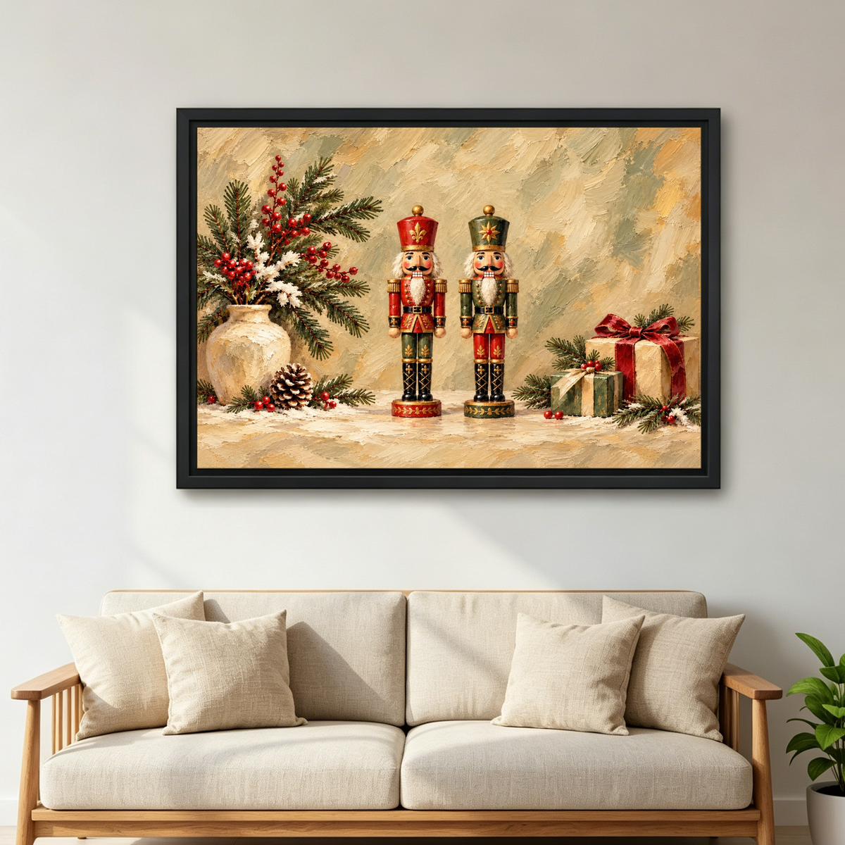 Nutcracker Holiday Pair Canvas Wall Art framed above a cream sofa with wooden arms.