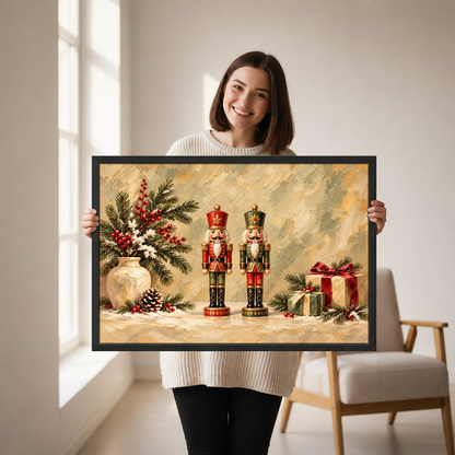 Nutcracker Holiday Pair Canvas Wall Art held by a woman in a bright neutral room.