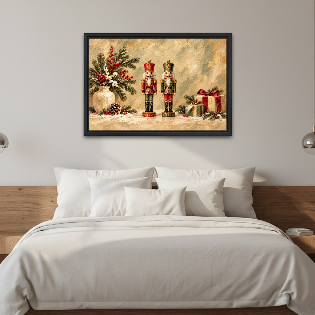 Nutcracker Holiday Pair Canvas Wall Art framed above white bedding and wooden bedside tables.