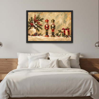 Nutcracker Holiday Pair Canvas Wall Art framed above white bedding and wooden bedside tables.