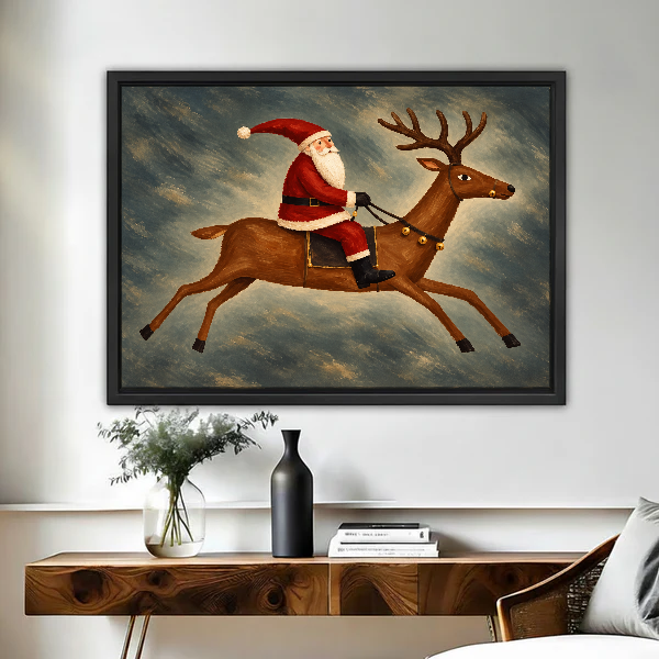 Santa Reindeer Leap Canvas Wall Art framed above a figured wooden console with a black vase.