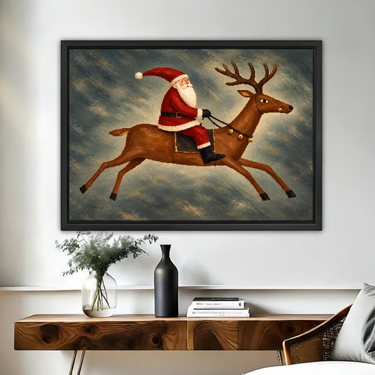 Santa Reindeer Leap Canvas Wall Art framed above a figured wooden console with a black vase.