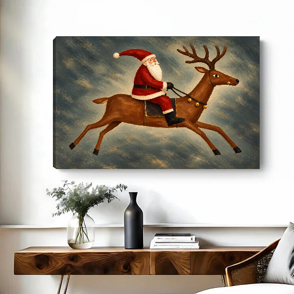 Santa Reindeer Leap Canvas Wall Art unframed above a figured wooden console with a black vase.