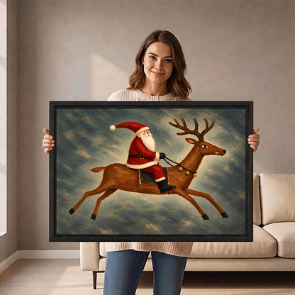 Santa Reindeer Leap Canvas Wall Art held by a woman in a bright neutral room.