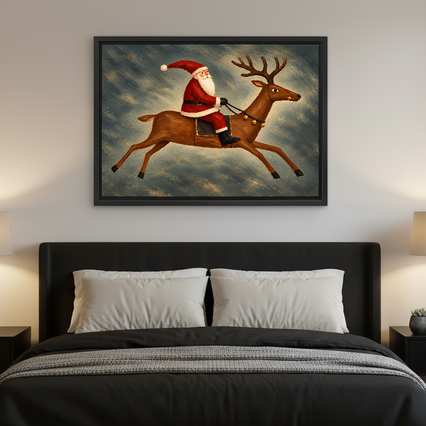 Santa Reindeer Leap Canvas Wall Art framed above charcoal bedding in a modern bedroom.