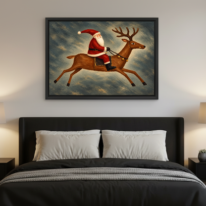 Santa Reindeer Leap Canvas Wall Art framed above charcoal bedding in a modern bedroom.
