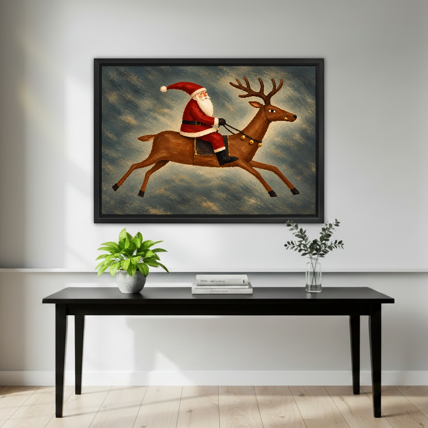Santa Reindeer Leap Canvas Wall Art framed above a black console surrounded by green plants.