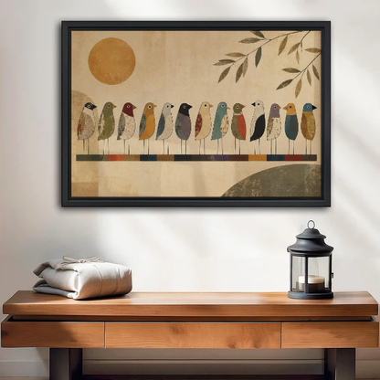 Thirteen Folk Bird Friends Canvas Wall Art framed above a wood console with lantern and folded linen.