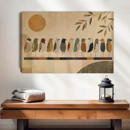 Thirteen Folk Bird Friends Canvas Wall Art unframed above a wood console with lantern and folded linen.