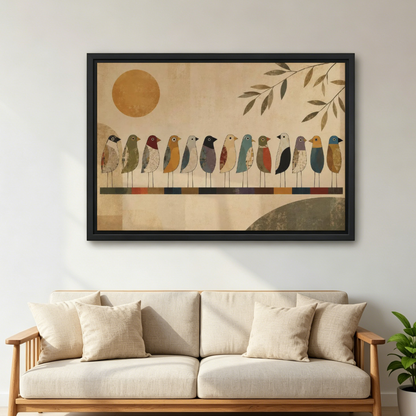 Thirteen Folk Bird Friends Canvas Wall Art framed above a cream sofa with wooden arms.