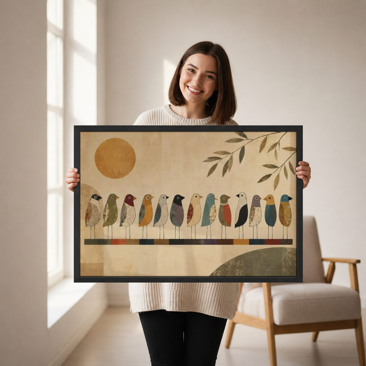 Thirteen Folk Bird Friends Canvas Wall Art held by a woman in a bright neutral room.